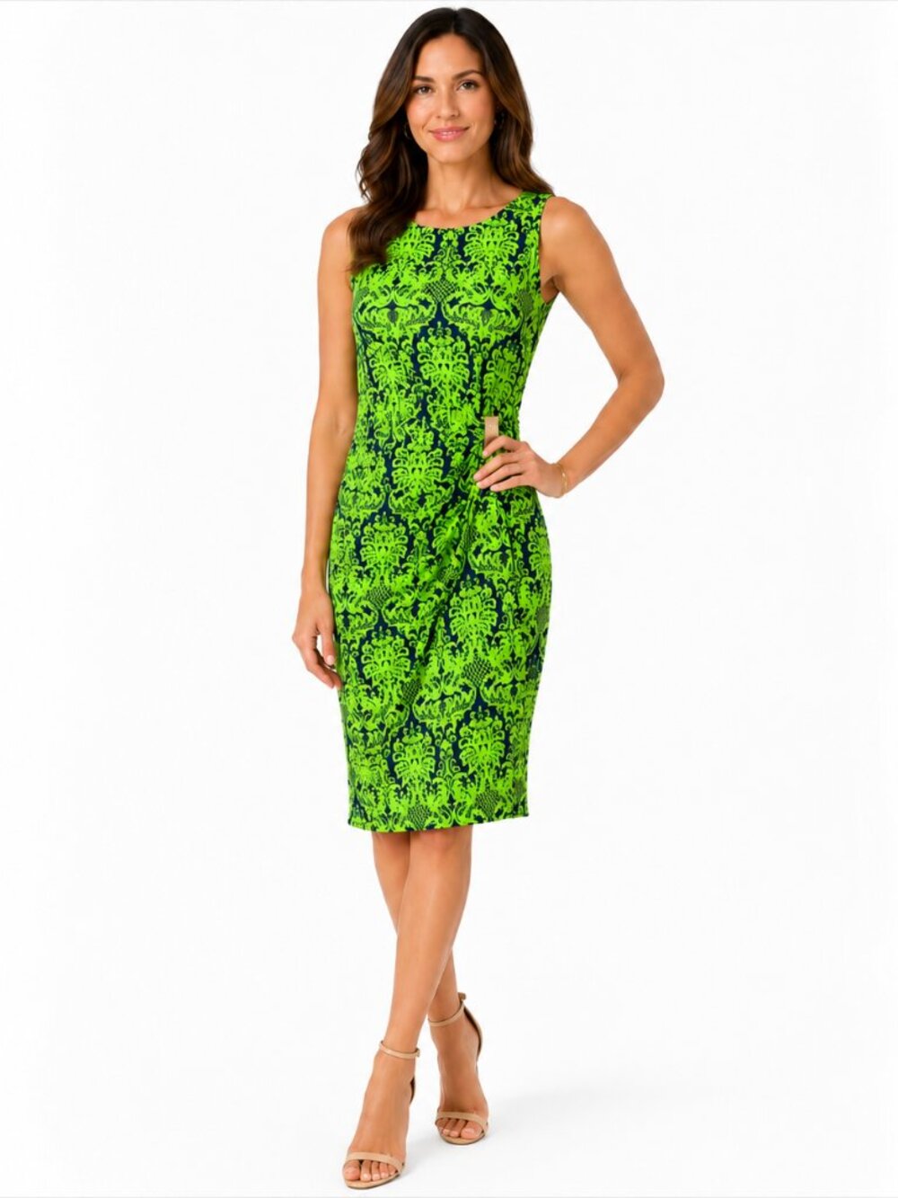 Joseph Ribkoff Size 8 Green Navy Baroque Print Sleeveless Sheath Dress Chic Luxe